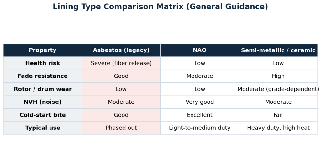Comparison table of asbestos, NAO and semi-metallic brake linings covering fade, wear, noise and health risk