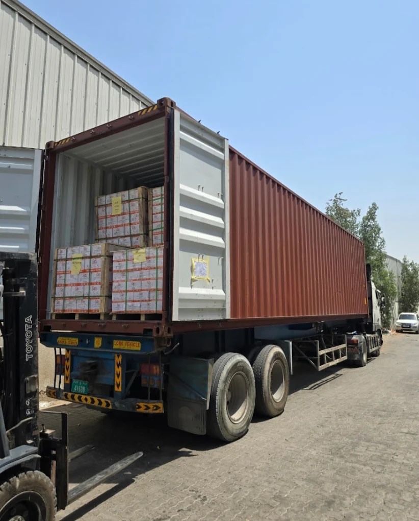 Numbered fastener pallets stuffed and strapped inside export containers at Hamza Fasteners Dubai